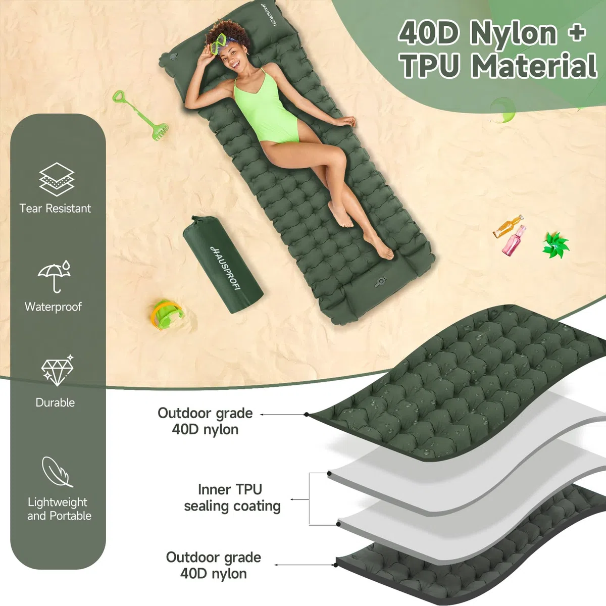 HAUSPROFI Matelas isolant de camping, 10 cm, ultra léger, avec pompe à pied et coussin, matelas gonflable compact et léger, tapis de camping pour randonnée, plage, extérieur, vert armée