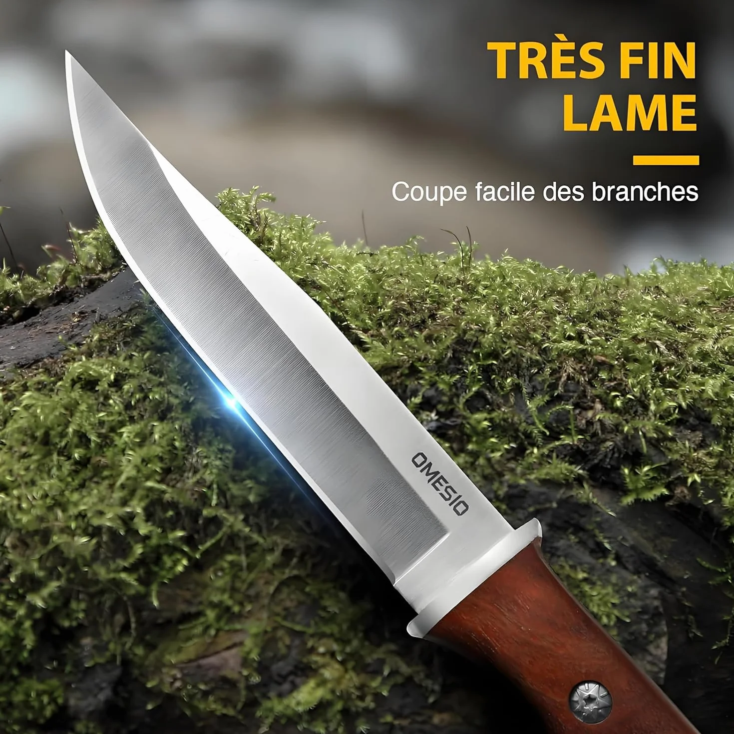 Omesio Couteau Survival Tranchant | Manche en Bois Robuste, Étui en Cuir – Idéal pour Camping Bushcraft, Couteau d’extérieur à lame fixe