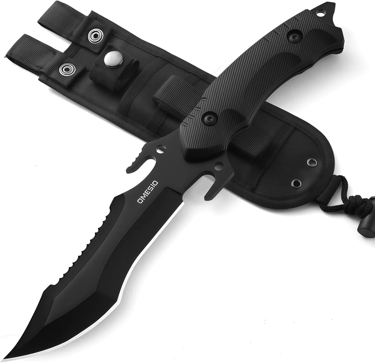 Omesio Couteau de Survie Lame Fixe Bushcraft - Full-Tang Noir, Forgé à la Main, Tranchant et Durable, Idéal pour Randonnée et Activités Outdoor