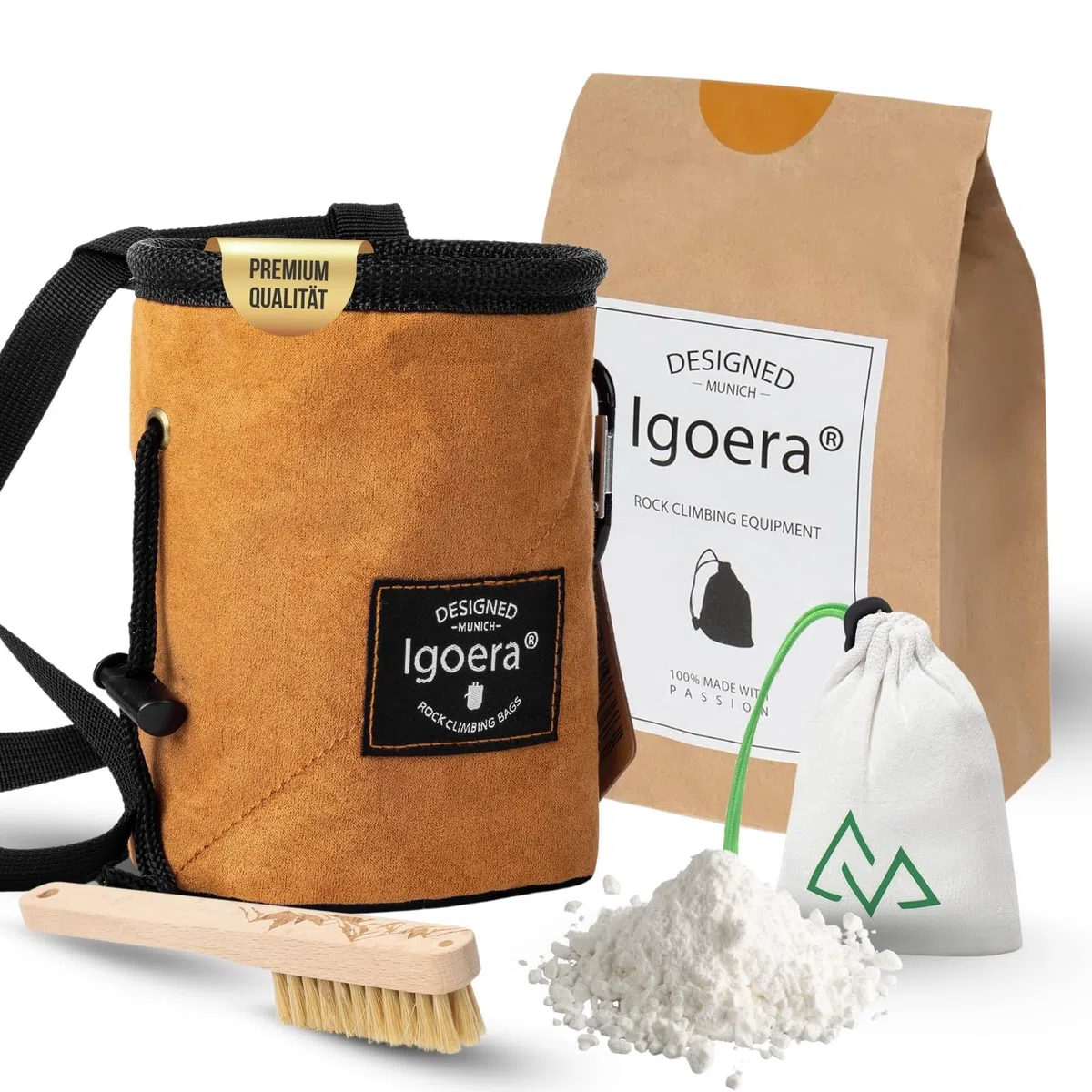 Kit d'escalade avec sac de magnésie, brosse à craie et boule de craie – Ensemble d'accessoires pour l'escalade et le bloc – Sac de magnésie doublé de molleton, brosse à poils de sanglier et