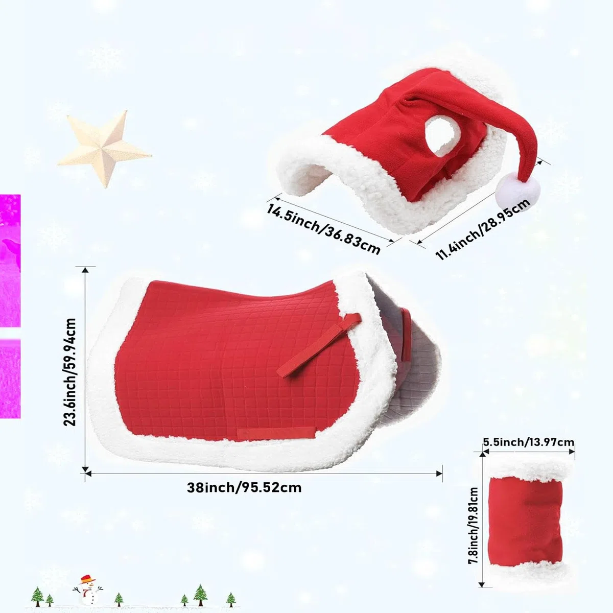 Lot De 6 Tapis De Selle De Noël Avec Fausse Fourrure, Costume De Noël En Peluche Douce, Un Chapeau De Père Noël Pour Chevaux Et Un Tapis De Selle Western Polyvalent Pour Les Fournitures De Noël.