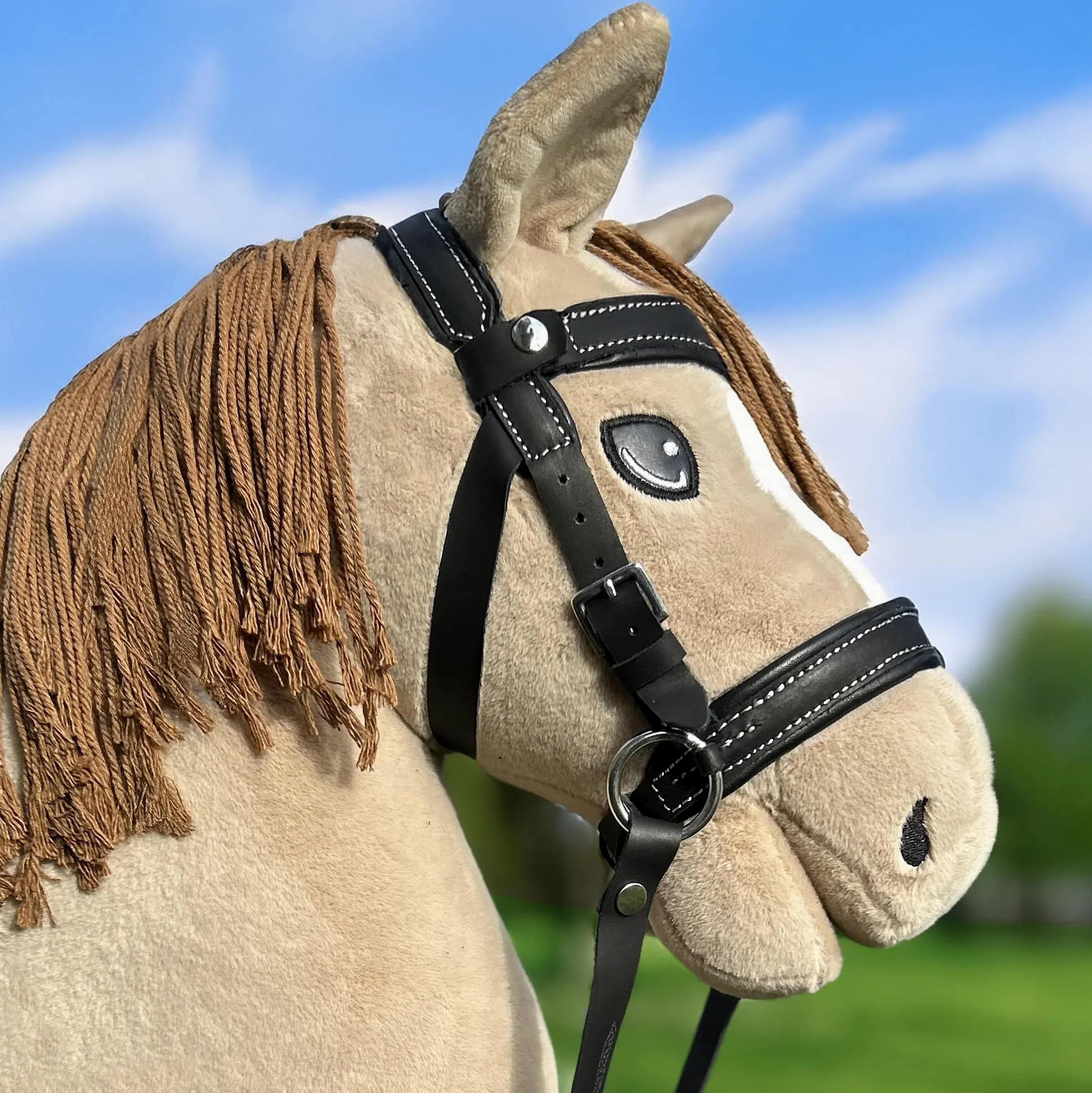 Hobby Horse Filet bridon éthologique Noir pour Hobby Horse Taille A3 et A4. Réglable par Boucle. Cuir synthétique surpiqué de Coutures Blanches
