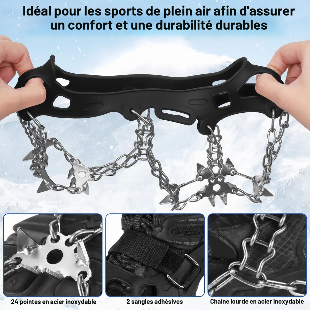 JIZZU Crampons pour Bottes de Randonnée avec 24 Pointes Antiderapantes-Crampons d'hiver Antiderapants pour Chaussures et Bottes, Pics de Neige pour la Marche, Le Jogging, l'escalade et la Randonnee
