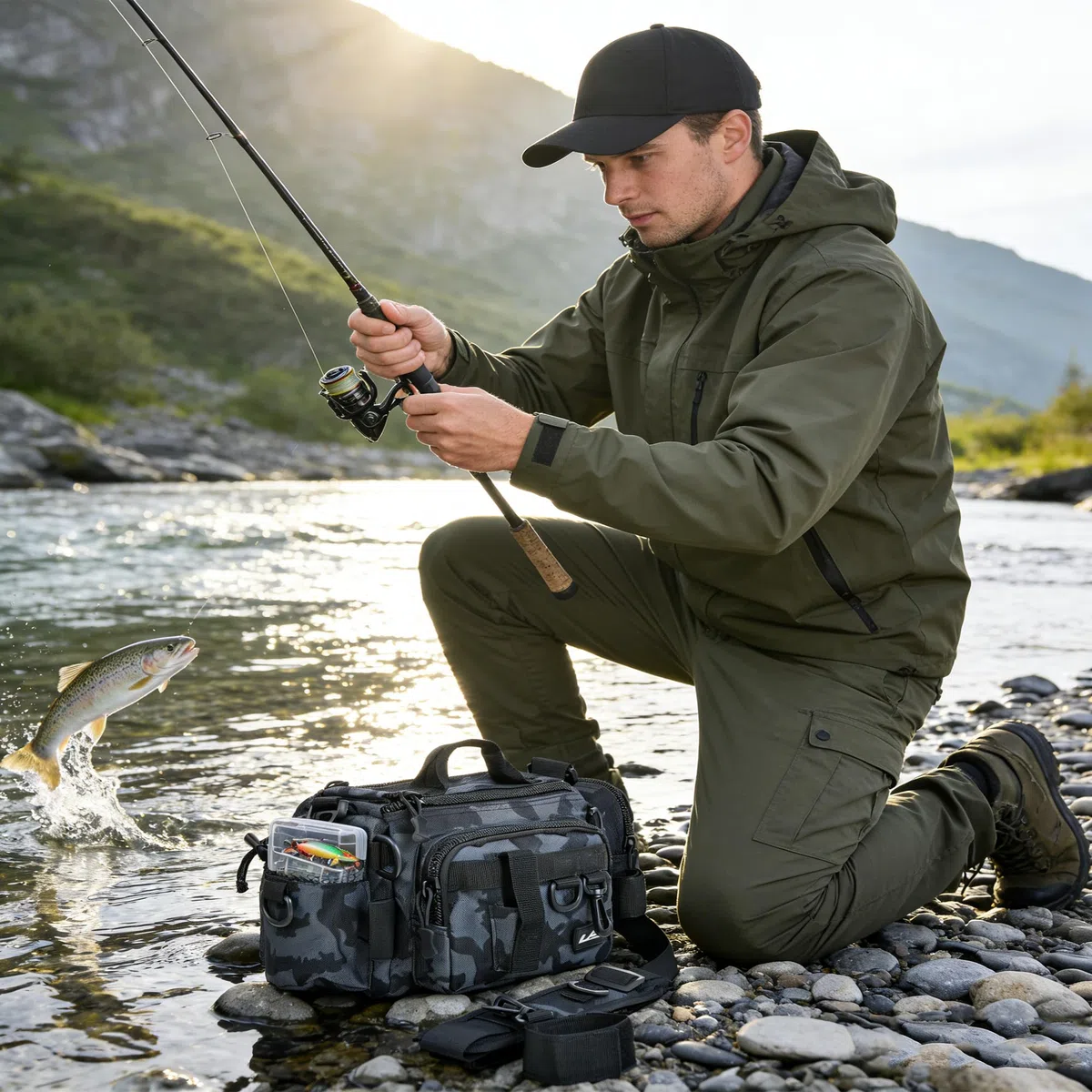 YUEMING Stockage de matériel de pêche, Sac de pêche à la carpe à épaule unique Grande capacité pour boîte à matériel et Rangement de Pinces pour leurres de pêche pour pêche en mer(Camouflage-1)