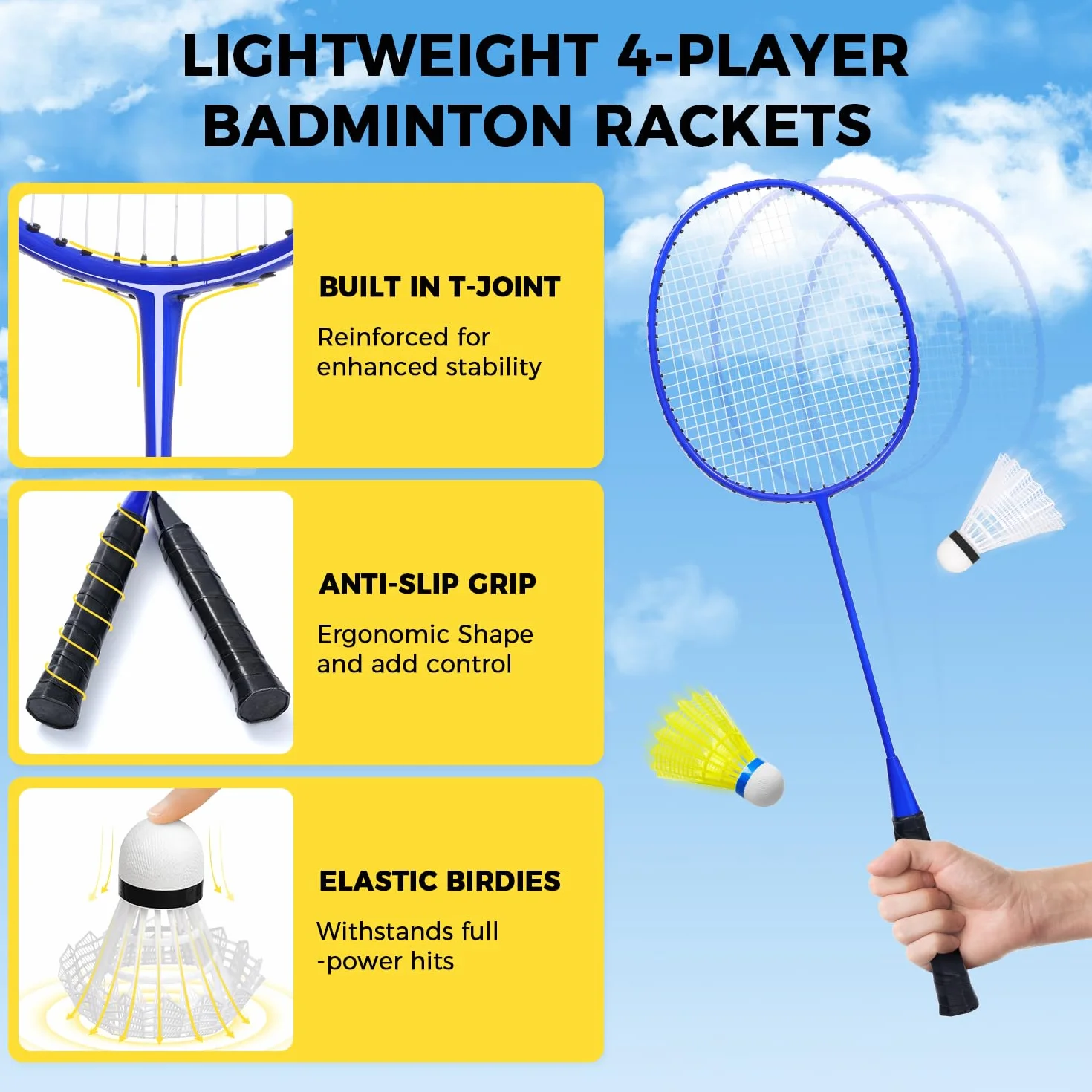 BAGAIL Filet de Badminton pour l'extérieur -Taille Officielle 20ft x 5ft, 4 Raquettes, 3 Balles de Badminton, Filet PE durable et Sac de Transport pour l'arrière-cour, la Plage et les Jeux en Famille.