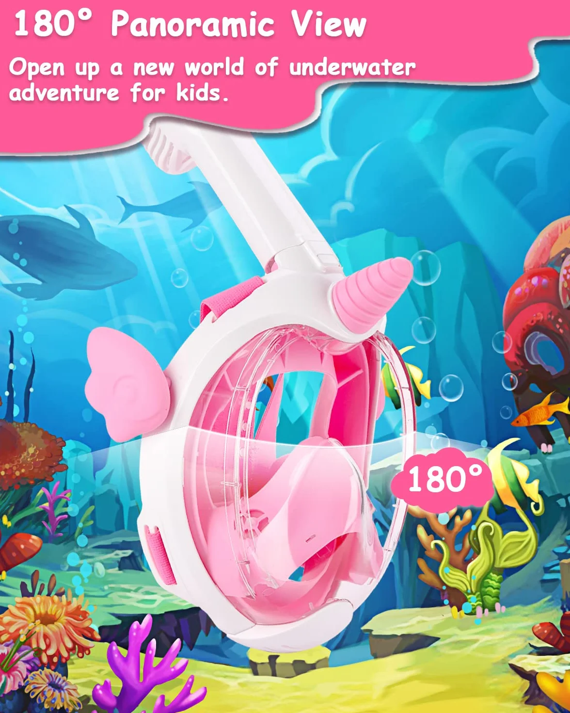 Masque de plongée intégral pour enfants, équipement de plongée avec tuba licorne, vue panoramique à 180 degrés, ensemble de plongée avec tuba, anti-buée et anti-fuite