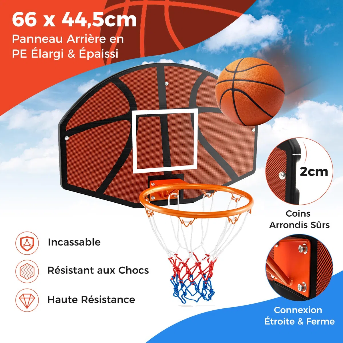COSTWAY Panier de Basket Mural 32,5 cm avec Panneau Incassable, Panier Basket-Ball avec Filet Anti-déchirure Accessoires Complets, pour Enfants Adolescents Adultes, 66,5 x 44,5 cm, Noir+Rouge