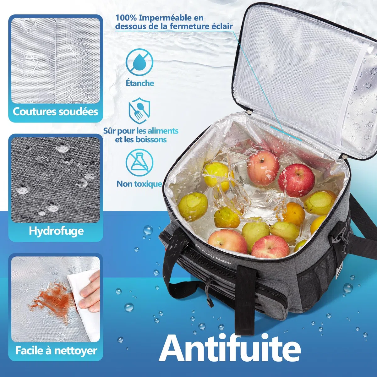 Sac Isotherme 10/20/30L, Glaciere Lunch Box pour Hommes Femmes, Sac Repas Lunch Bag Glacière Souple Isotherme Portable Protection de Fraîcheur pour Plage Pique-Nique Voyage, Gris