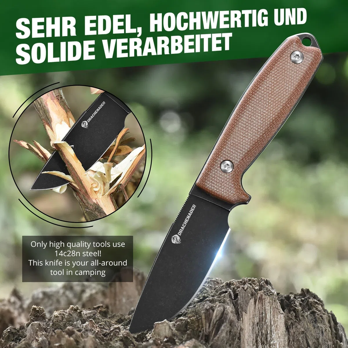 DRACHENADER couteau de ceinture 14C28N acier inoxydable EDC couteau lame fixe, manche micarta, étui Kydex inclus