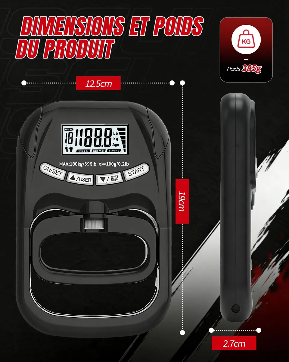 Dynamomètre Main Numérique Rechargeable USB-C, Testeur de Force de Préhension Haute Précision 180 kg, Écran LCD Intelligent, Mémoire 19 Utilisateurs, pour Sport, Rééducation et Santé