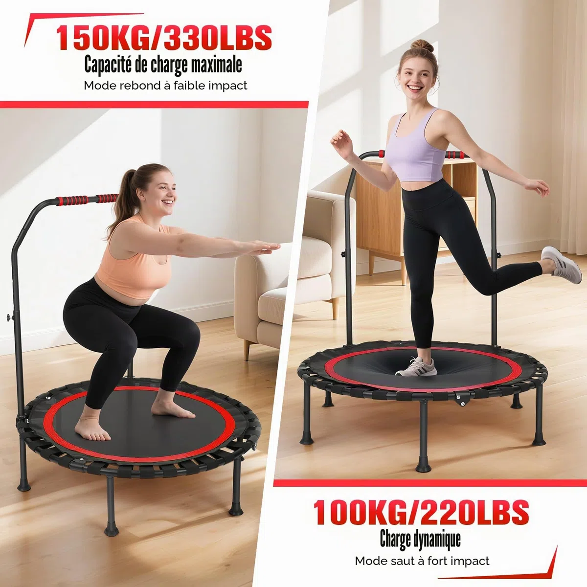 Trampoline d'intérieur fitness pliable sans installation Ø 101 cm Mini trampoline Charge maximale 150 kg Stable et silencieux pour adultes