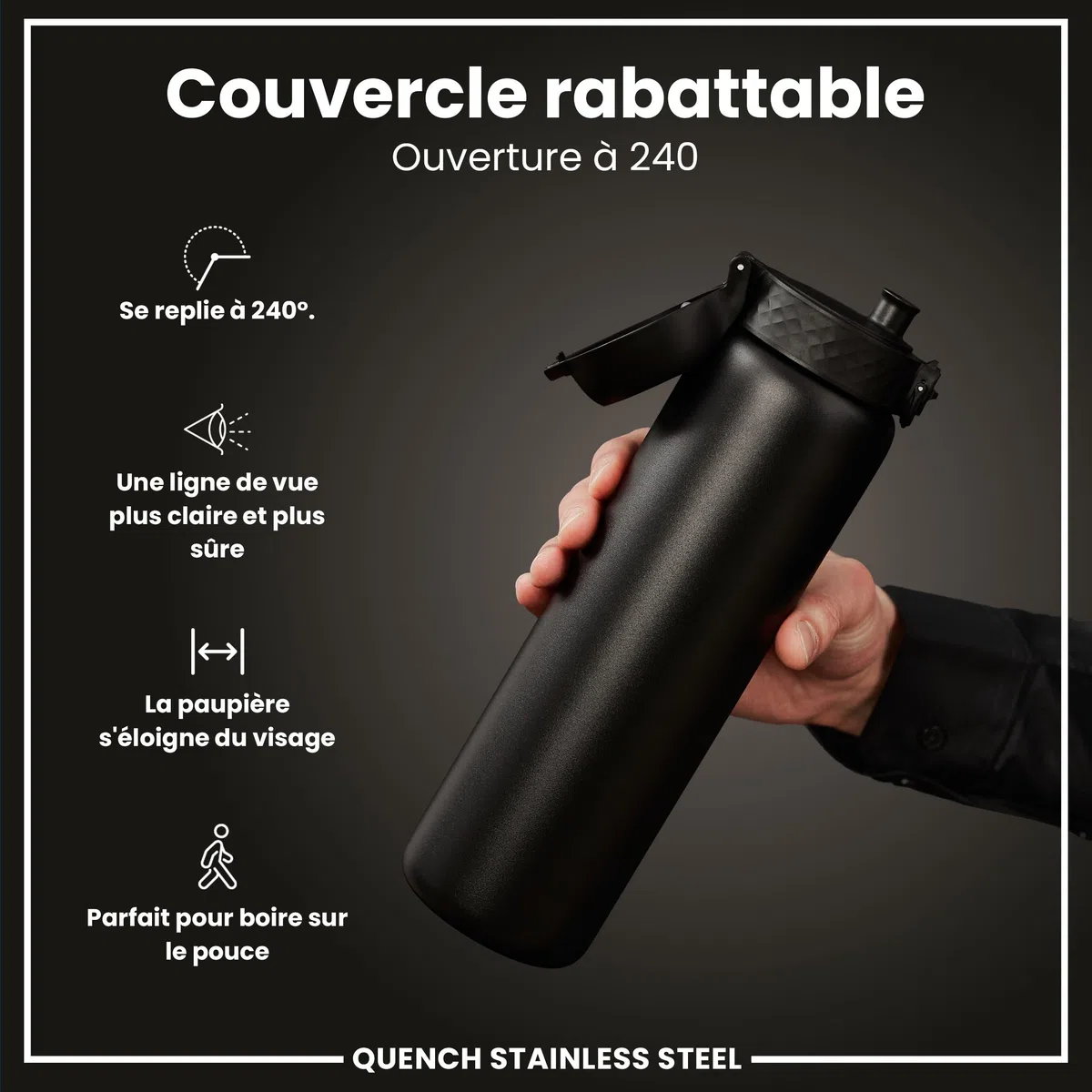 Ion8 Gourde Inox Léger 1 Litre, Non Isolé, Anti-Fuite, Facile à Ouvrir, Verrouillage Sécurisé, Lavable au Lave-Vaisselle, Poignée de Transport, Acier Inoxydable, 1200ml, Noir