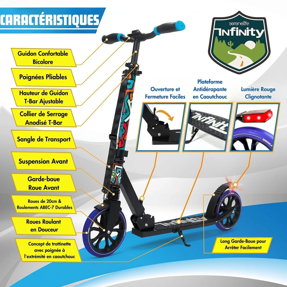 Serenelife Trottinette Freestyle, Trottinette Adulte et ado - Hauteur Réglable, Scooter Tout Terrain avec Grande Roues et Suspension, Manœuvre Facile et Pliable
