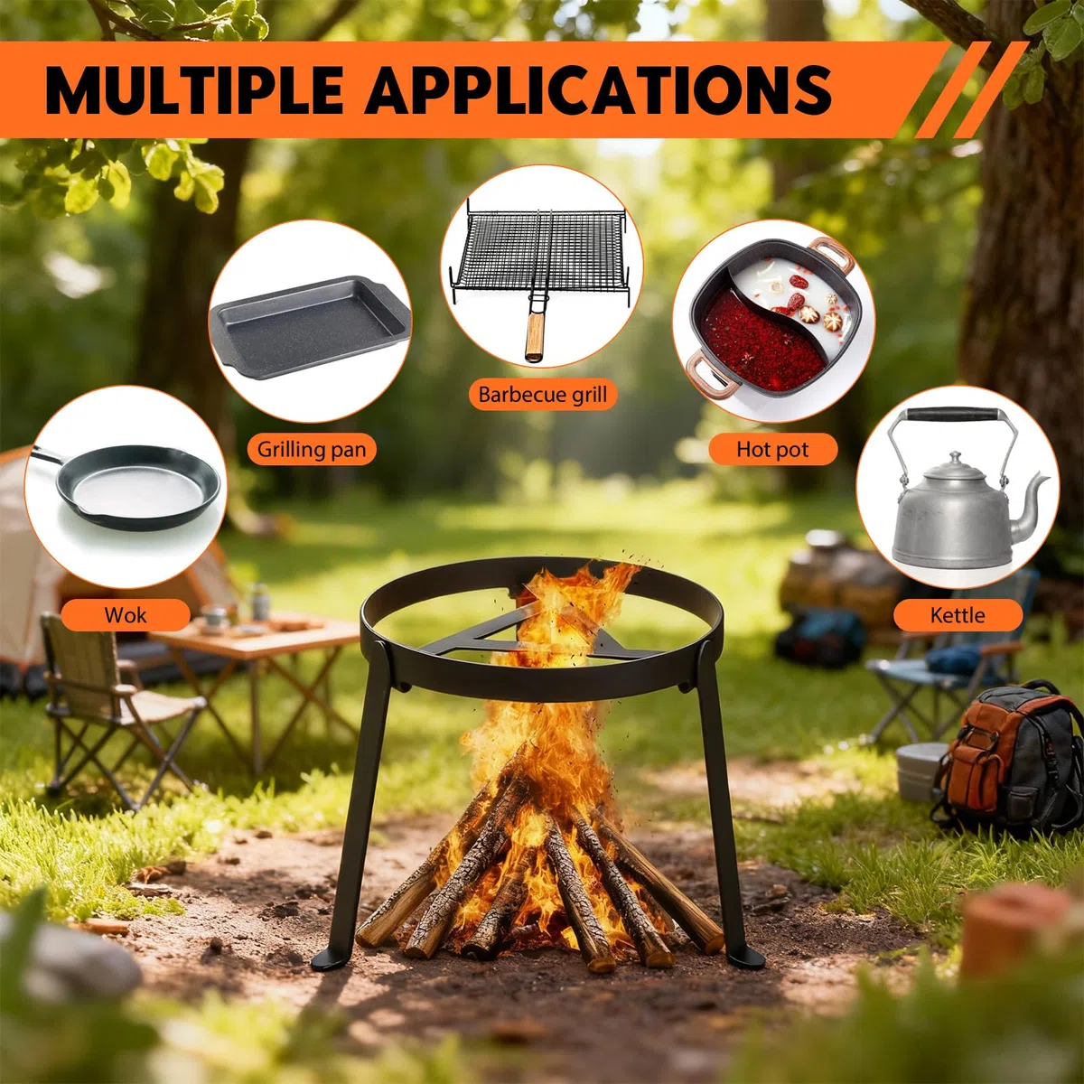Trépied pour feu de camp, grille de barbecue pliable pour brasero de camping, trépied résistant aux hautes températures, avec sac de rangement
