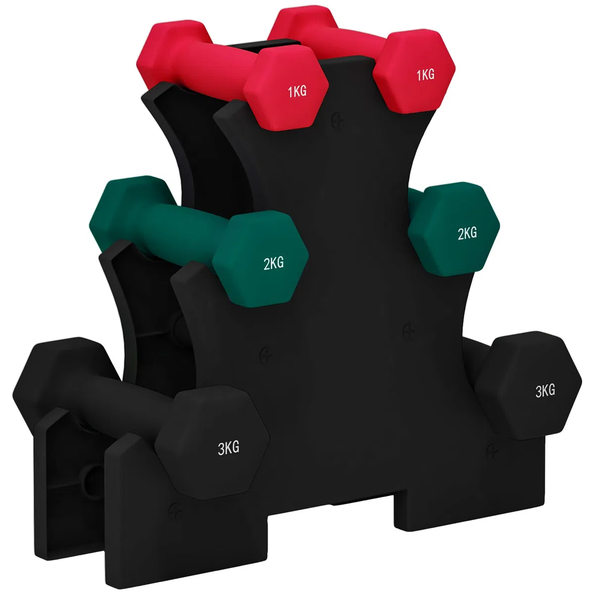 SPORTNOW Ensemble d'haltères hexagonaux courtes total 12 Kg - support d'haltères incluses - pour la musculation, 6 haltères - 2 x 1kg, 2 x 2kg, 2 x 3kg