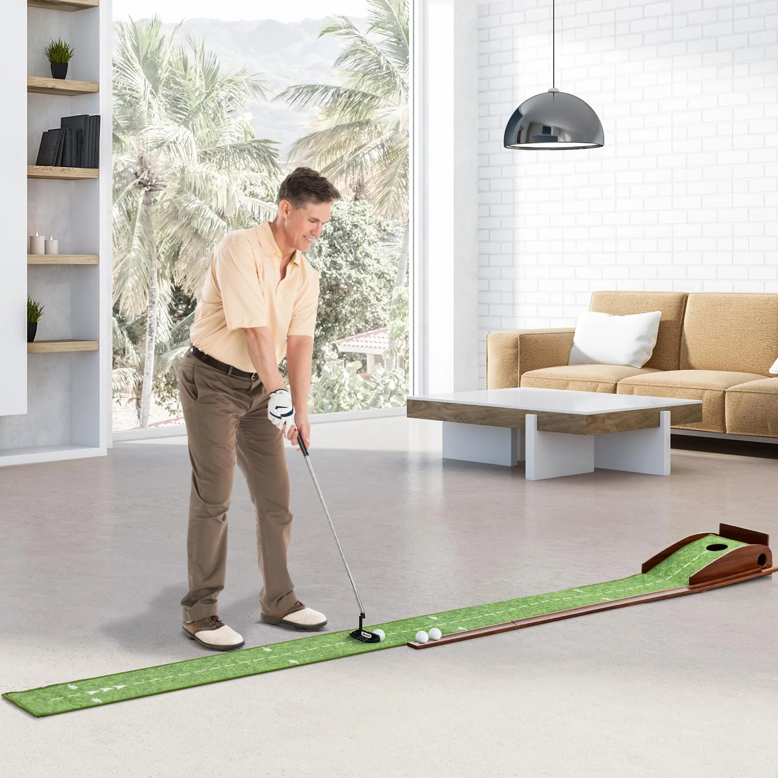 LIFEZEAL Tapis de Putting de Golf avec 1/2/3 Trous et Retour Automatique, Tapis d'Entraînement de Golf avec Boche, Enroulable et Portable, 3 Balons de Golf, Intérieur et Extérieur