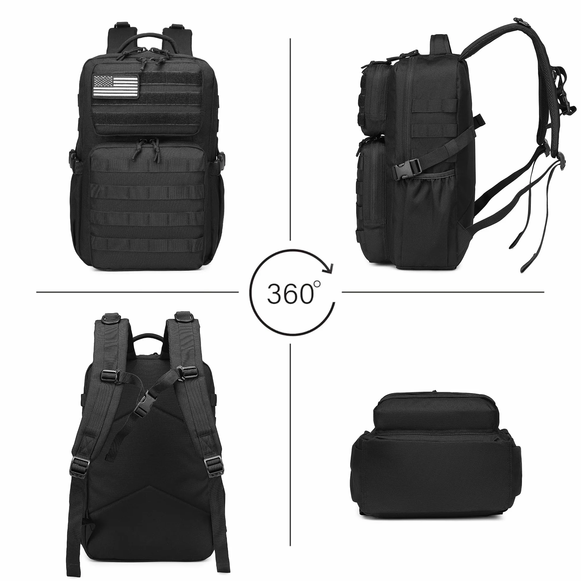 Sac à dos tactique militaire pour homme - Étanche - Sac d'assaut de 3 jours - Sac Molle avec porte-bouteille d'eau, Noir , 25L