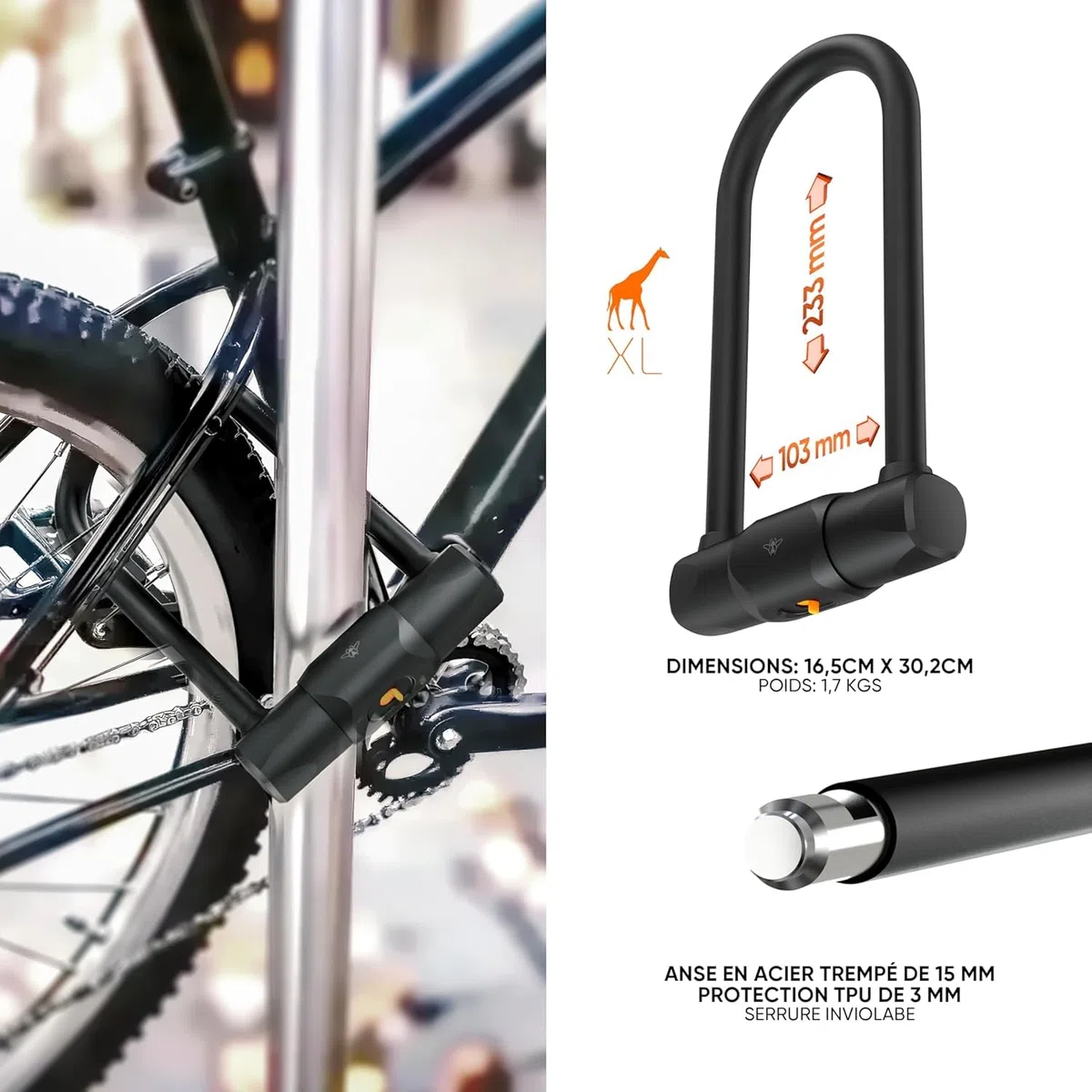 CASR Antivol U XL - Cadenas à Clé Certifié FUB 2 Roues - Acier Trempé Robuste Anti-Corrosion - Universel Vélo, Moto, Trottinette électrique - Protection Haute Sécurité