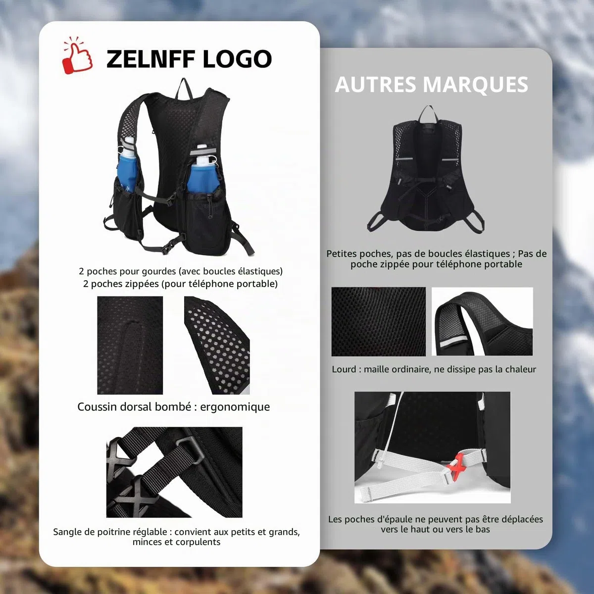 Sac à dos d'hydratation avec poche à eau, 2 l, gilet de course, pour homme et femme, ultra léger, pour la course, le marathon, le jogging, le cyclisme