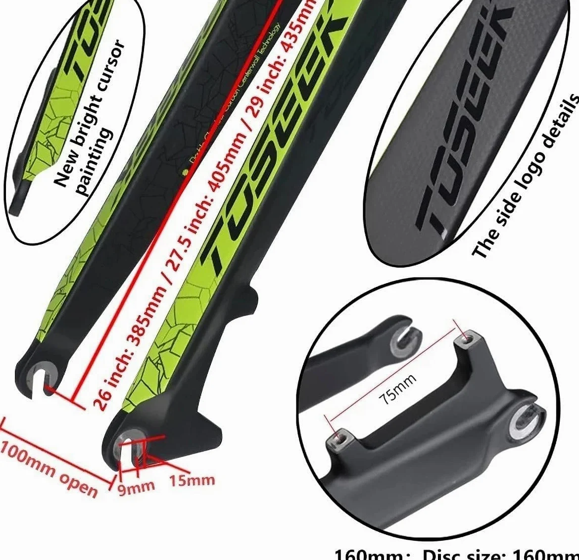 Fourche Rigide De Vélo Fourche Avant De Vélo Entièrement en Carbone 3K Frein À Disque Fourche Dure Fourche De Vélo VTT Accessoires De Vélo Droit 26/27,5/29 "Pouces A,26inch