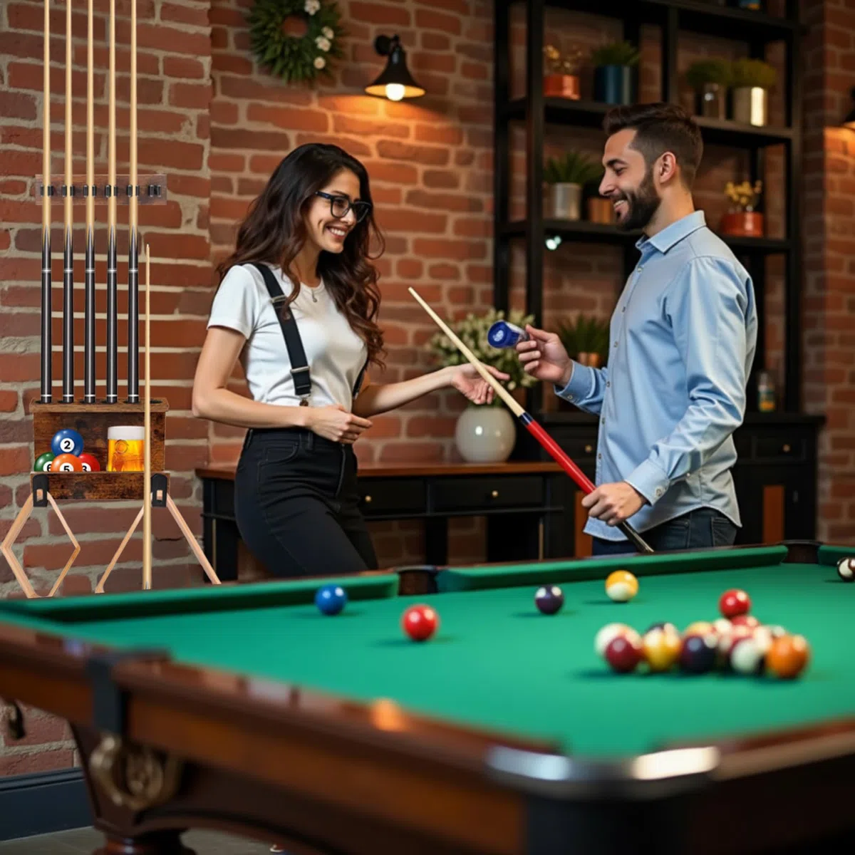 Support Mural pour Bâtons de Billard, Support pour 6 Queues de Billard, Accessoires pour Table de Billard, Support en Bois Massif pour Ensemble de Queues de Billard, Organisateur Rustique pour