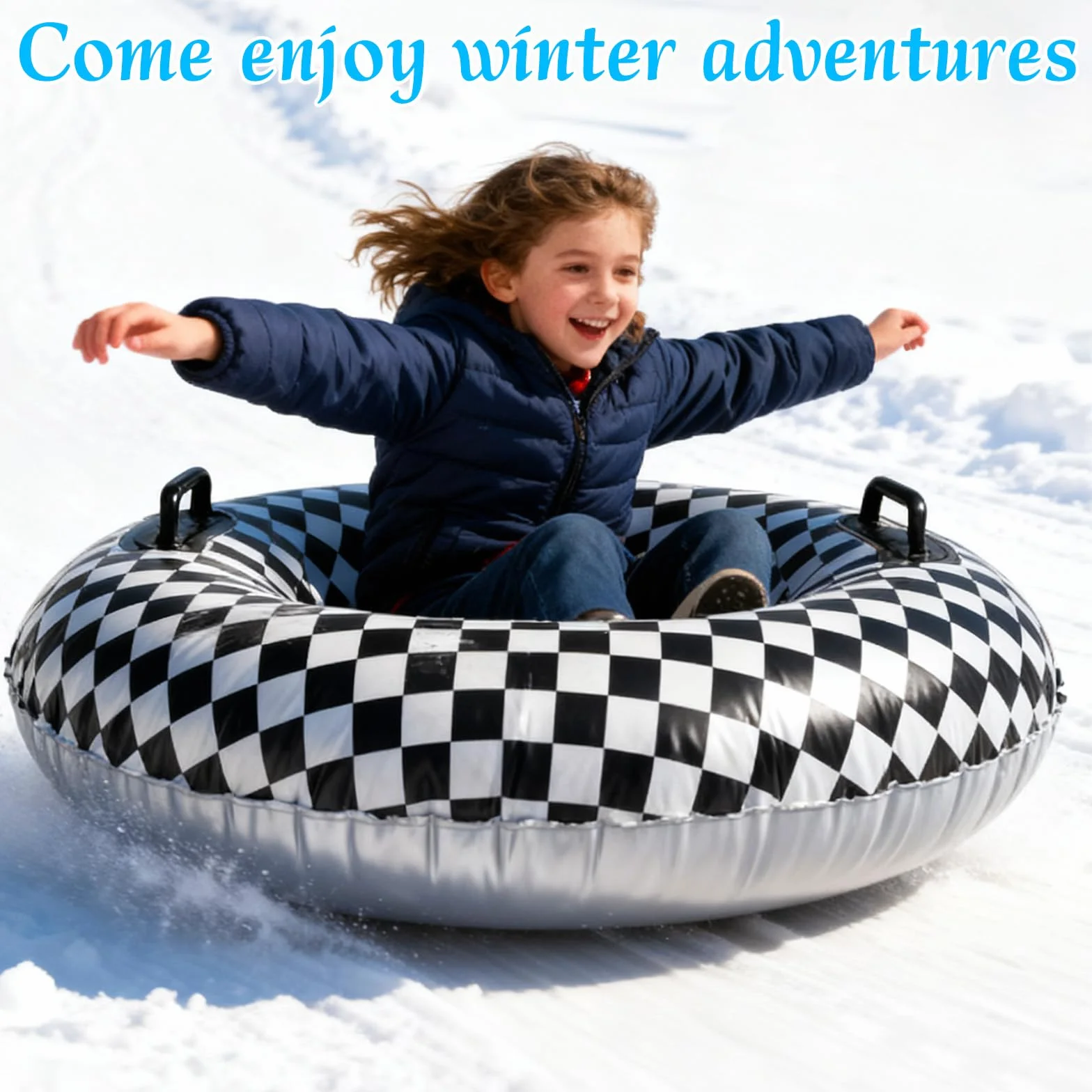 101cm Drapeau à Damier Noir et Blanc Tube à Neige pour Enfants et Adultes, en PVC Résistant au Froid Luge Gonflable Neige avec Poignées Surélevées Équipement de Luge d'hiver en Extérieur