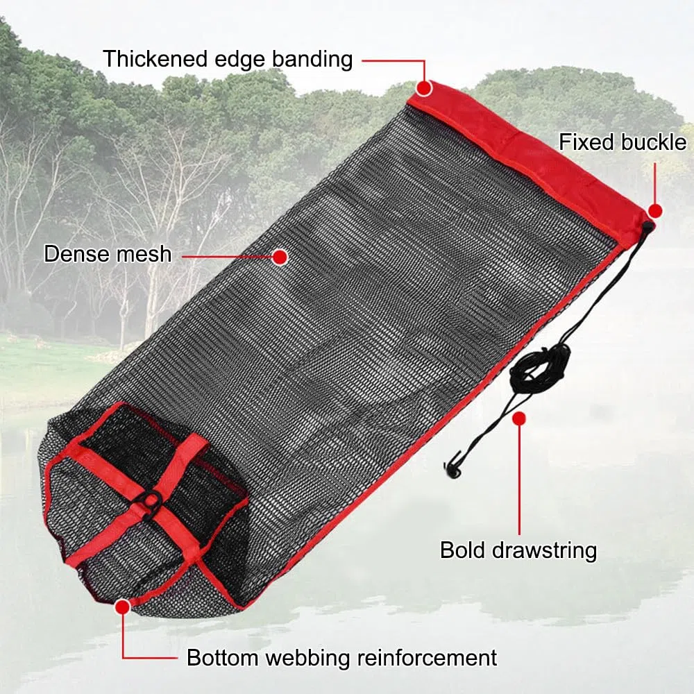 MiOYOOW Sac de Filet de Pêche Portable, Filet de Poisson Long en Nylon, Épais à Mailles Fines, avec Cordon de Serrage pour Petits Poissons, Crabes, écrevisses