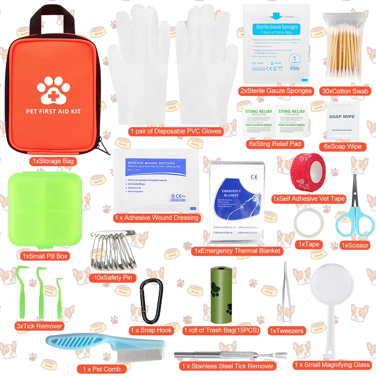 Trousse de Premiers Secours pour Chiens et Chats 102 Pièces Kit de Premier Secours Animaux avec Pince à Tiques Trousse à Pharmacie Chien pour les Urgences à la Maison et Voyages à l'Extérieur