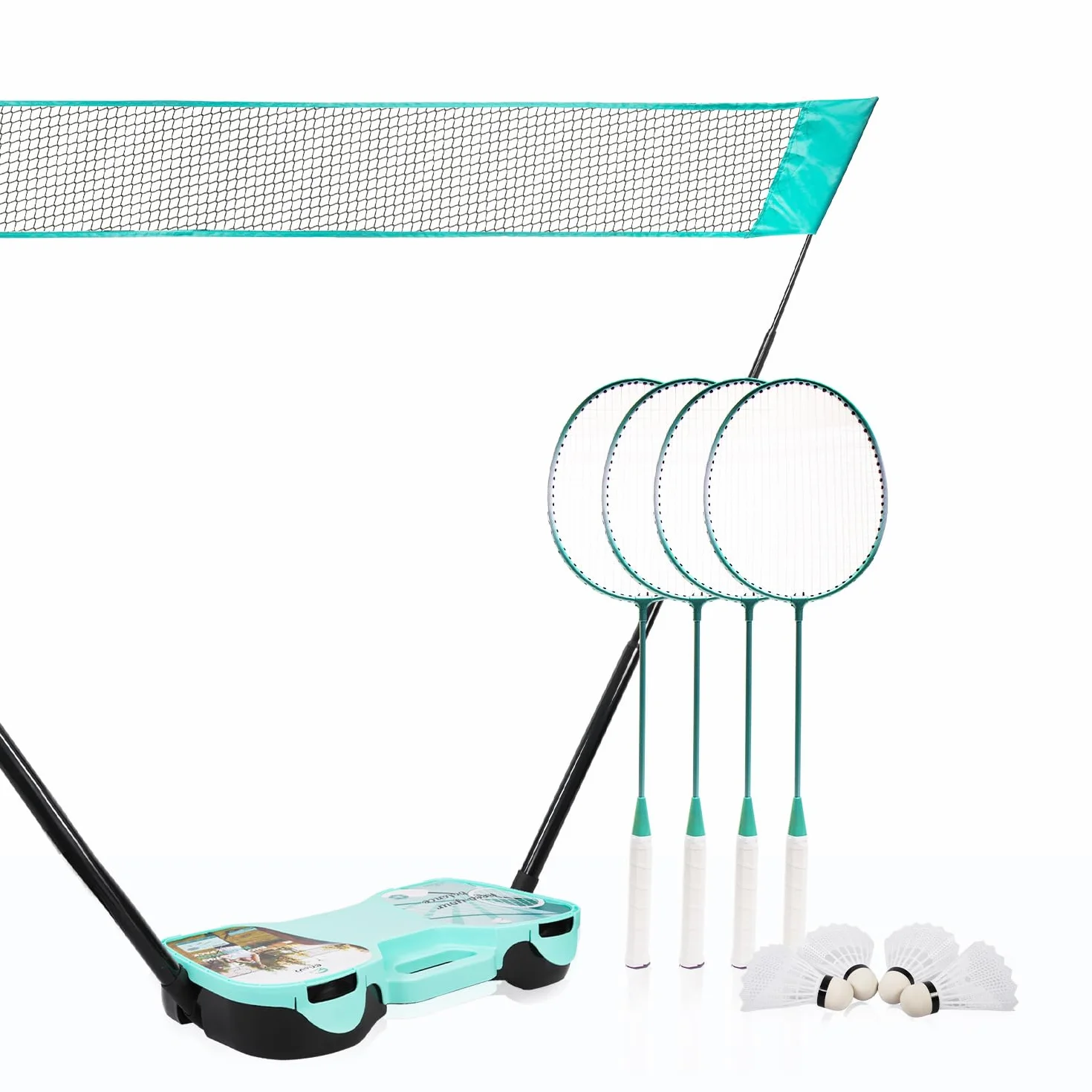 EasyGo Lot de volants de badminton avec 4 raquettes, filet de badminton, 4 volants de badminton, boîte de rangement portable