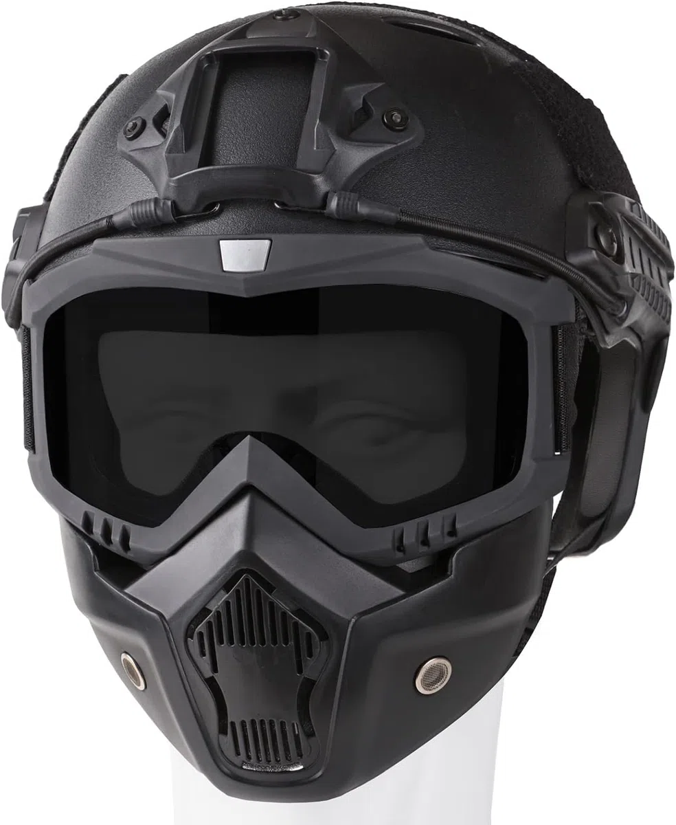 Airsoft Casque et Masque Quick Base Jump Casque PJ Type Airsoft Casque Tactical Full Cover avec Lunettes Amovibles et réglables