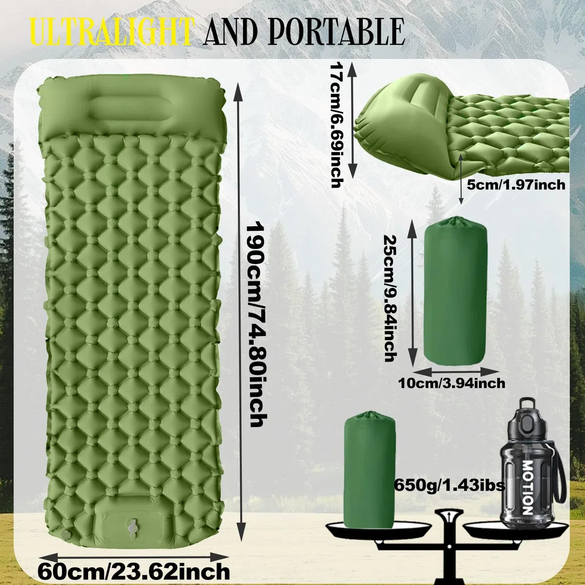 Matelas Gonflable 1 Place 190*60cm,Matelas Gonflant Camping Ultra Léger avec Pompe à Pied Oreiller,Ripstop,Anti-Fuite,Étanche,Portable et Compact pour Camping,Voyage, Randonnée,Capacité Charge 160KG
