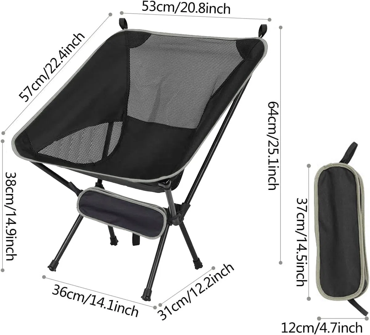 Chaise de camping, légère, portable, pliable, capacité de charge de 150 kg, tissu Oxford 600D, convient pour le jardin, les fêtes, la pêche, les expéditions, la randonnée, etc., gris