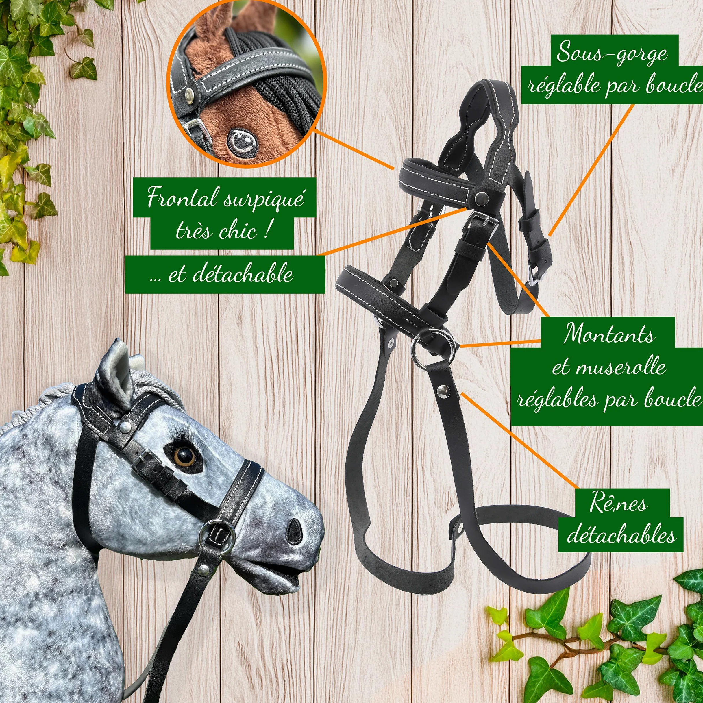 Hobby Horse Filet bridon éthologique Noir pour Hobby Horse Taille A3 et A4. Réglable par Boucle. Cuir synthétique surpiqué de Coutures Blanches