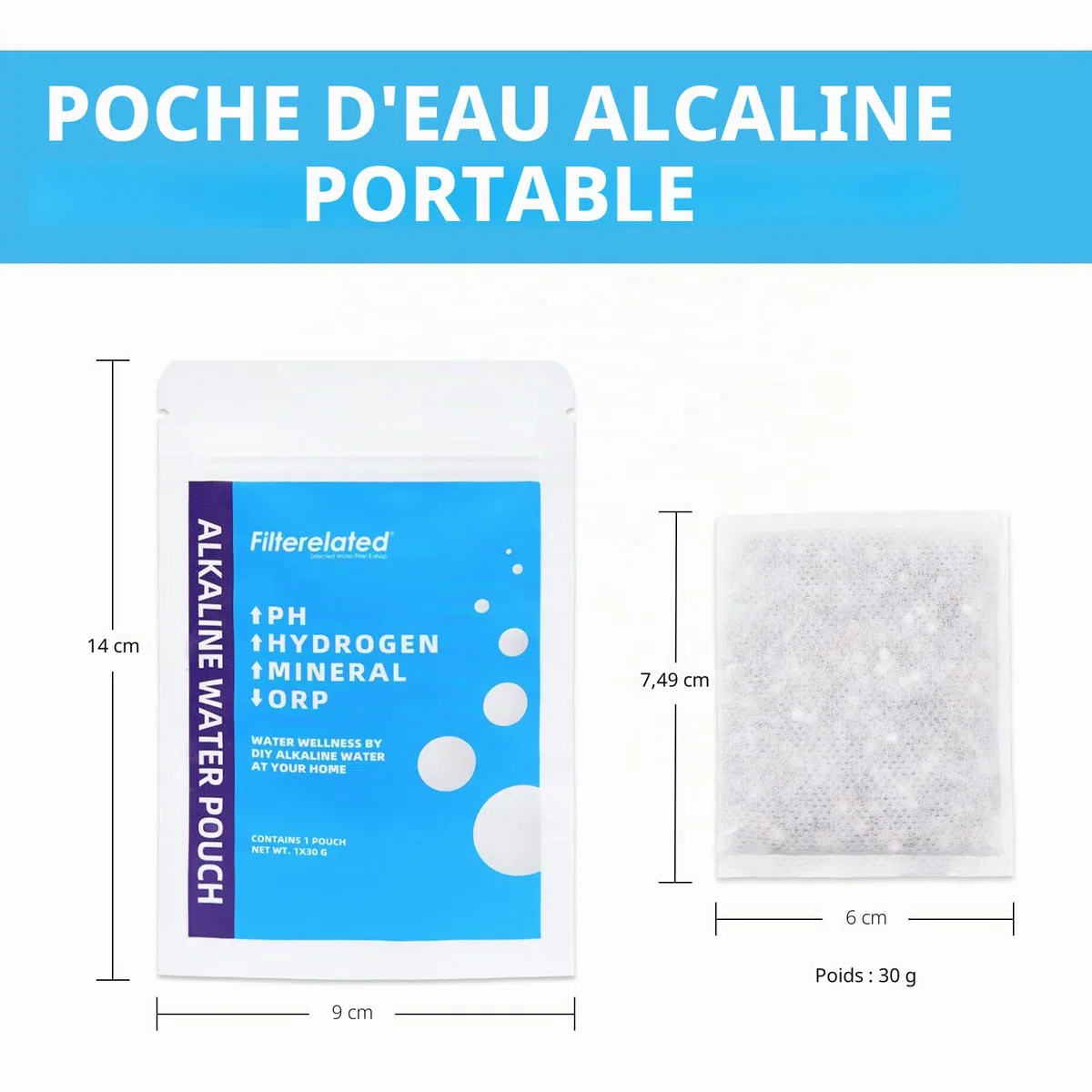 Pochette de filtre à eau alcaline riche en hydrogène pour bouteille, pichet, récipient, pH élevé 9 + sac filtrant portable pour bouteille d'eau longue durée (3 x 30 g)