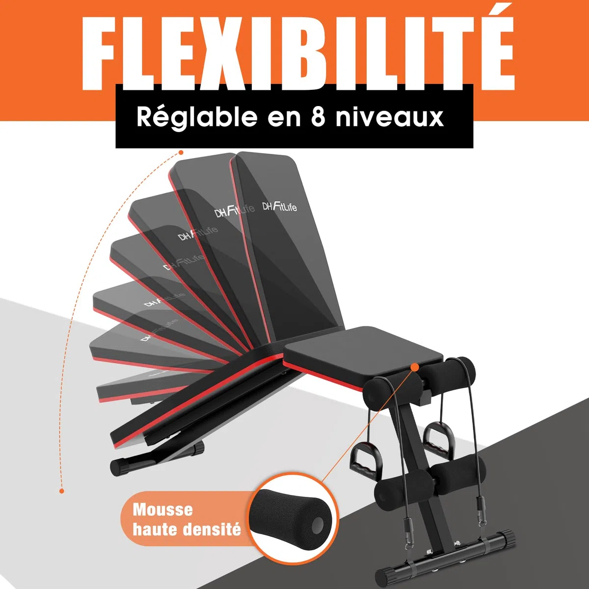 DH FitLife Banc pliable 8 en 1 | Gain de place 80% | Banc de musculation réglable et incliné | Appareil d’abdominaux pour entraînement complet à domicile