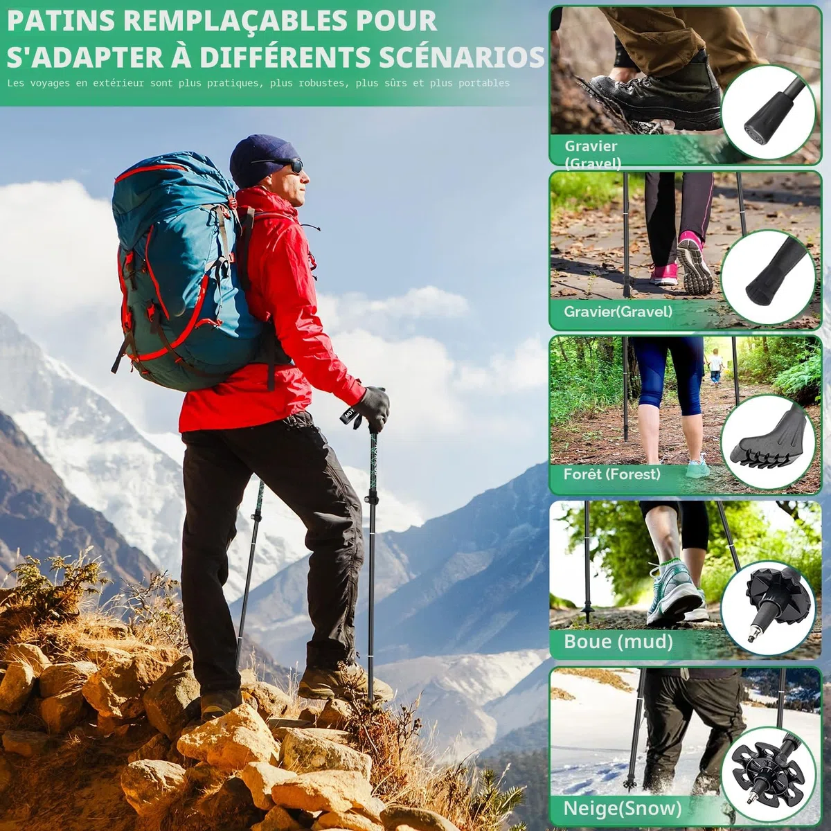 MOYKSRR Bâtons de Randonnée, 2 PCS Baton de Marche Pliable, Antidérapant Ultraléger Bâton de Marche Télescopique Retractable avec 5 Paires de Tampons en Caoutchouc pour Le Conditionnement du Trekking