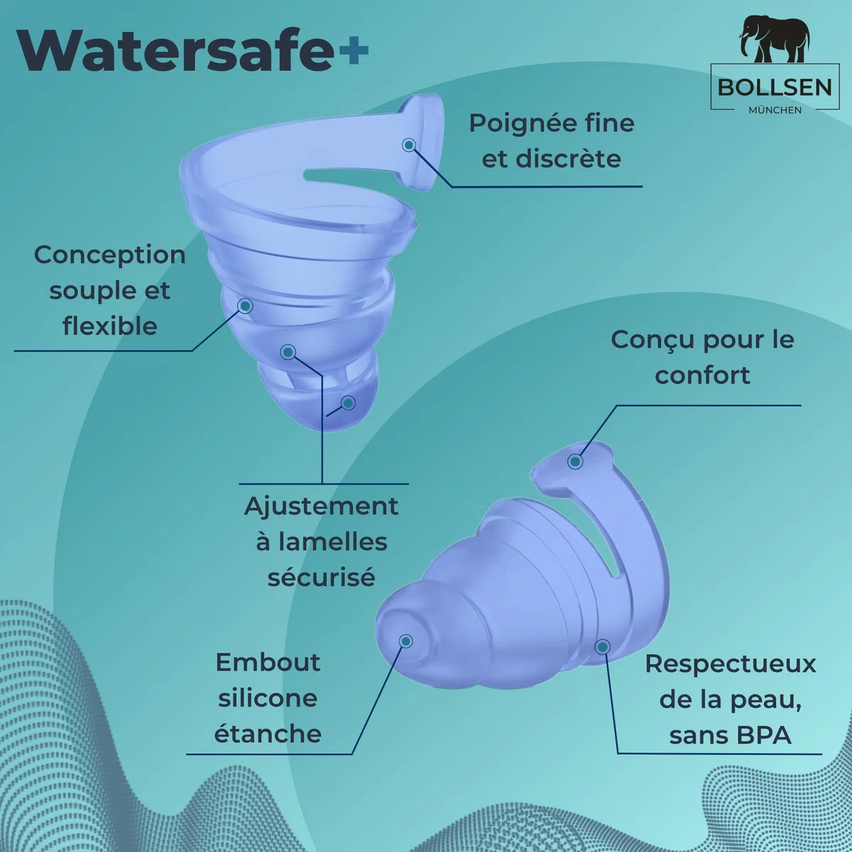 BOLLSEN Watersafe+ Bouchons d’oreilles de natation pour adultes – Bouchons en silicone réutilisables pour natation, douche, bain et sports nautiques – Étanches avec réduction du bruit 24 dB SNR (1)