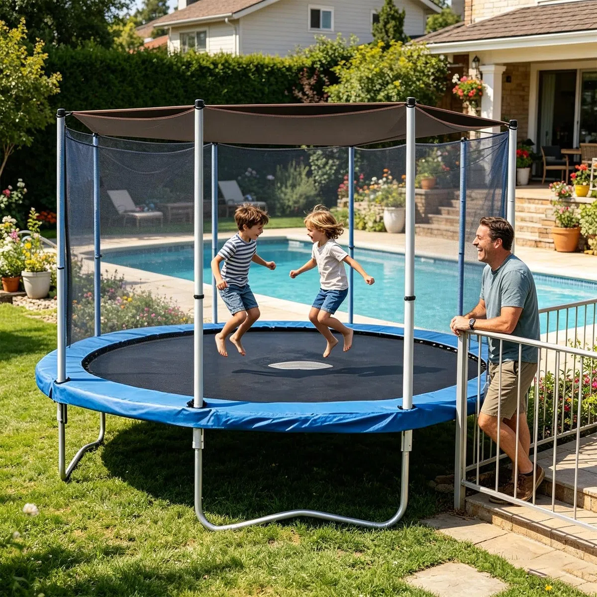 Générique Housse D'ombrage de Trampoline Ø 305 366 427 cm Toit Pare-S-oleil pour Trampoline 8 Barres, Anti-UV, imperméable & Anti-poussière Accessoires Trampolin, Facile à Installer