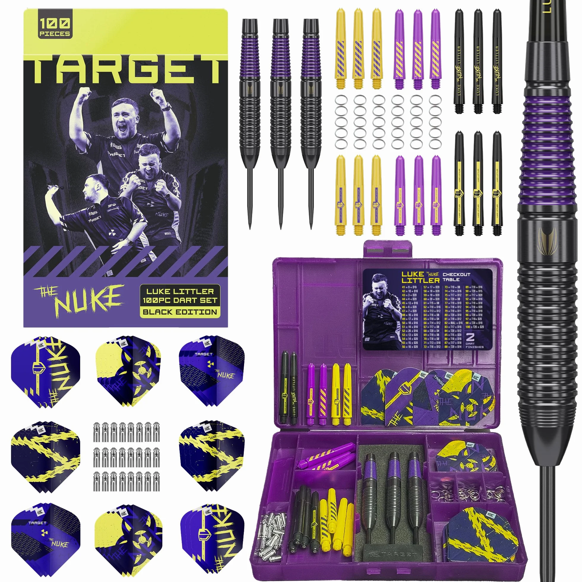 Target Darts Luke Littler Laiton avec Pointes Fixes en Acier Fléchettes, 22G | Tiges Pro Grip et Ailettes Pro Ultra N° 2 | Jeu de Fléchettes Professionnel 100 Pièces Accessoires Tous