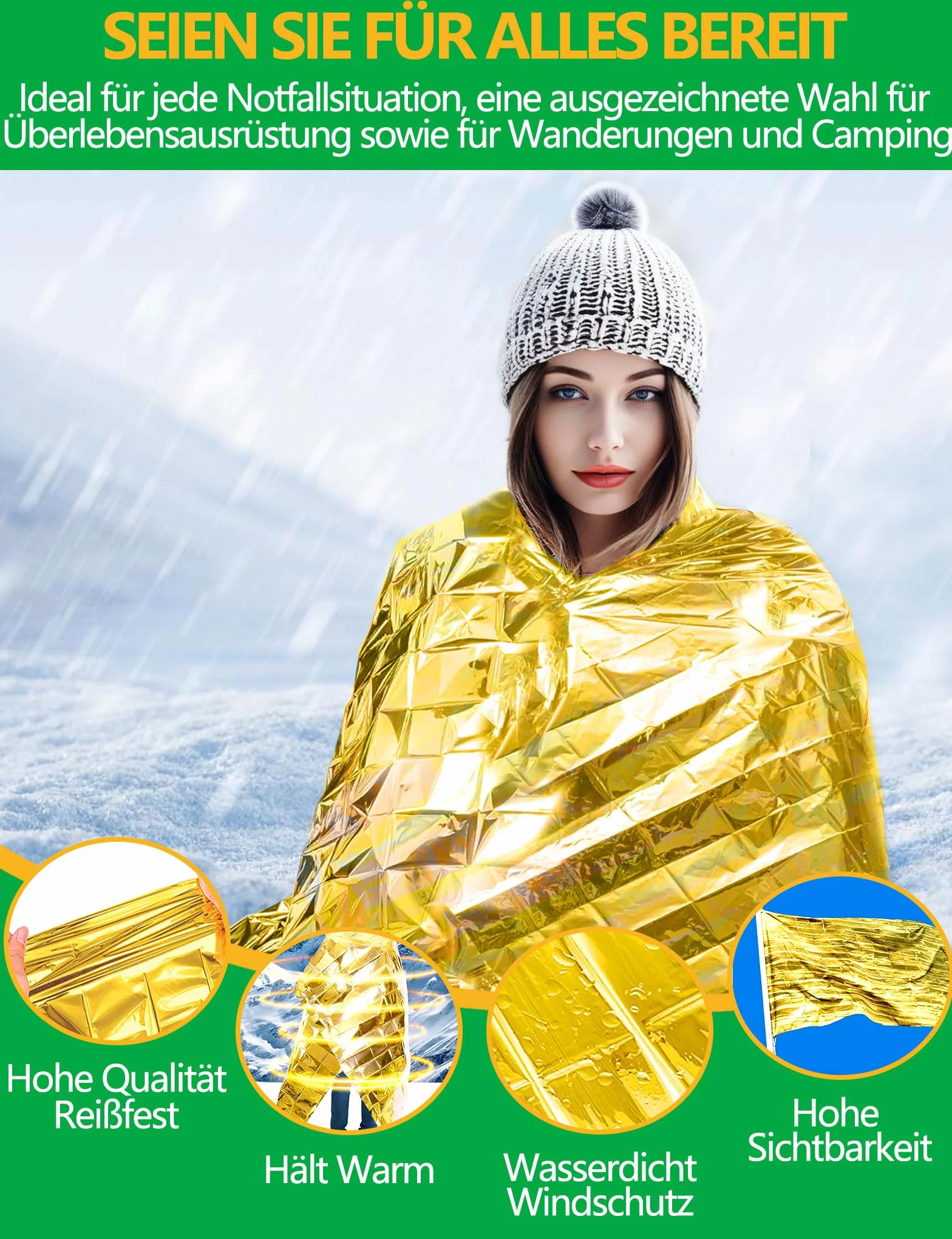 Couverture de Survie Reutilisable 4 Pièces, pour Randonnée Survie Premiers Secours Marathons Voiture, Robuste Indéchirable Imperméable - Or Argent