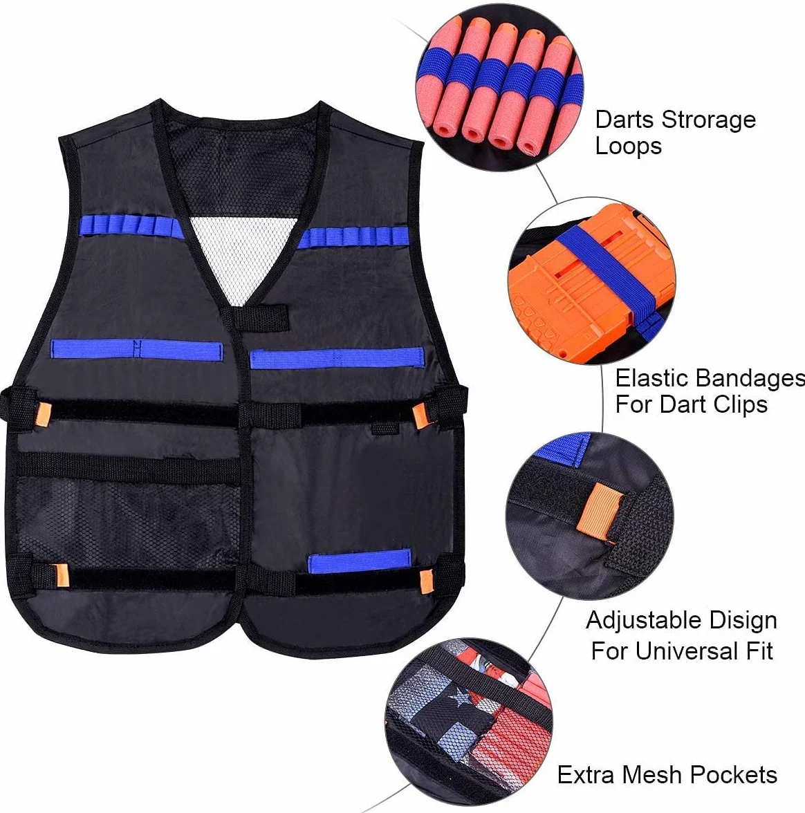 EXTSUD 90pcs Gilet Tactique Enfants pour Nerf N-Strike Elite Series avec 80 Fléchettes+2 Chargeurs Fléchettes+2 Gilet Tactique+2 Masque Facial Tactique+2 Bande Poignet+2 Lunettes Protection