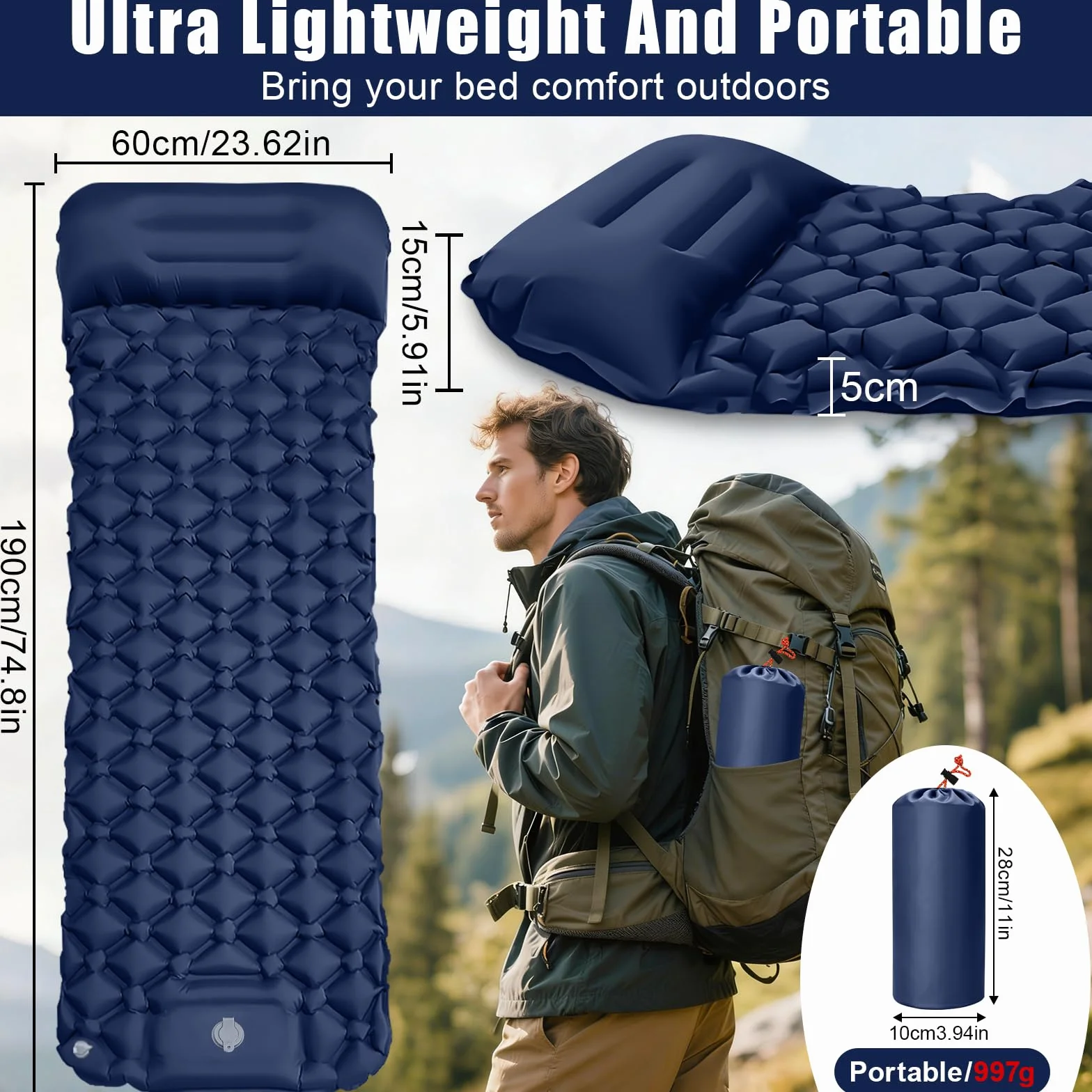 Matelas de Camping Autogonflant,Matelas Camping - Ultraléger de Matelas Gonflable avec Pompe à Pied, Portable Tapis de Matelas Pneumatique pour Plage, Voyage,Le Trekking en Plein Air