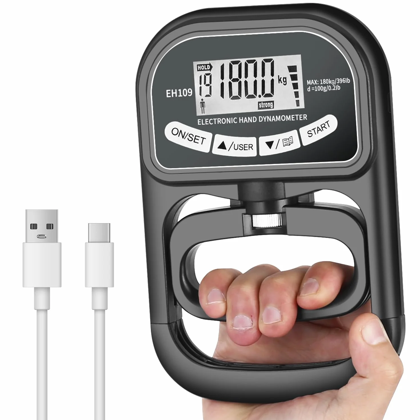 Entraîneur de force de préhension de 180 kg,Dynamomètre à Main numérique,Dynamomètre électronique rechargeable avec affichage LED,Valeur de test précise au gramme près, poignée réglable, noir