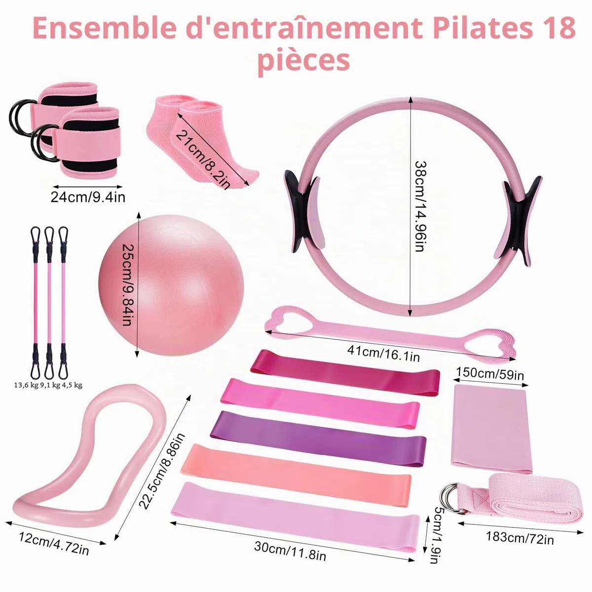Lot de 18 anneaux de pilates avec anneau de pilates, balle de yoga, bande de fitness, anneau de tension, anneau de massage, convient aux appareils de fitness à domicile