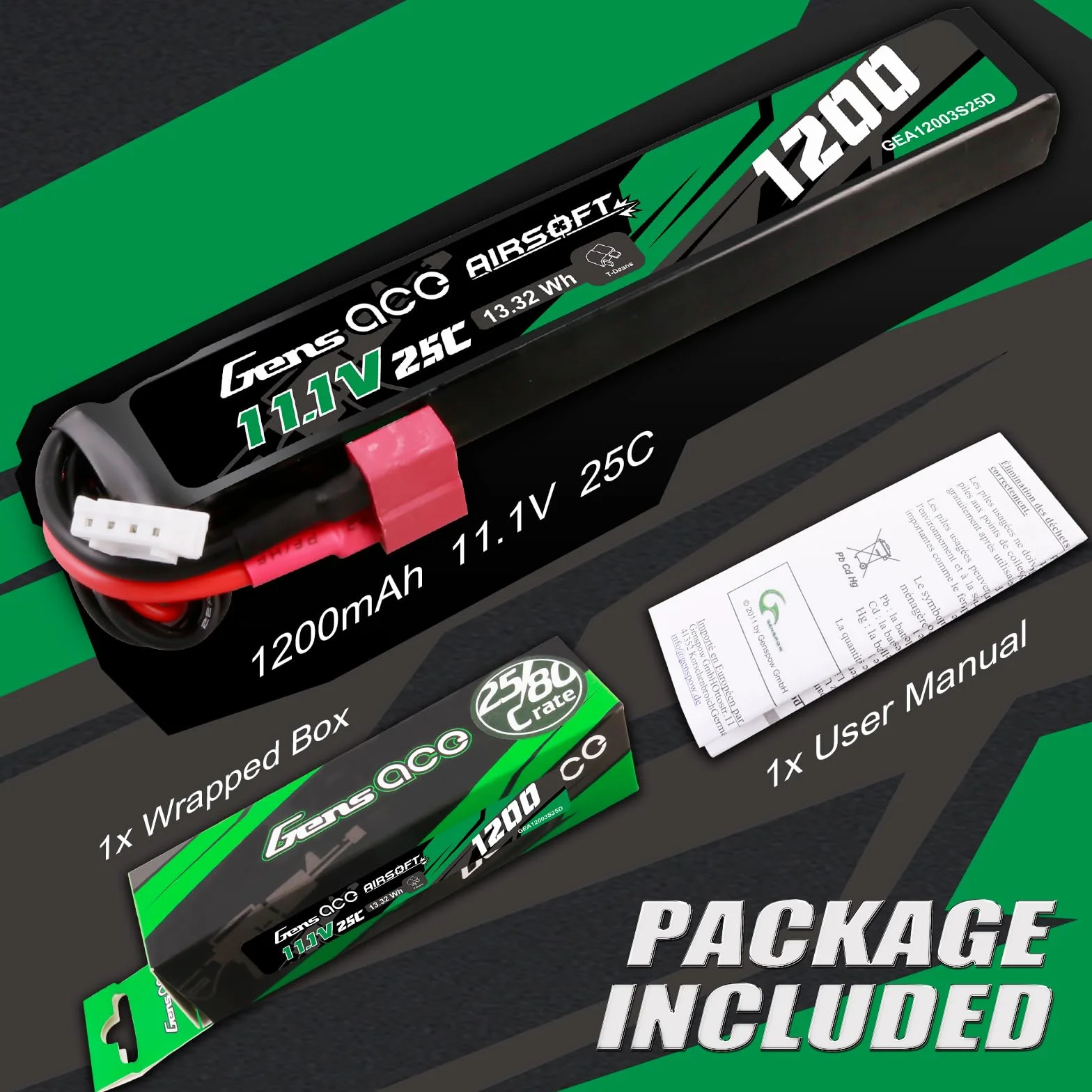 Gens ace 3S Batterie Lipo Airsoft 11,1V 1200mAh 25C 3S1P avec Connecteur T Deans, pour Répliques AEG M4 CM16 et Crosse Le