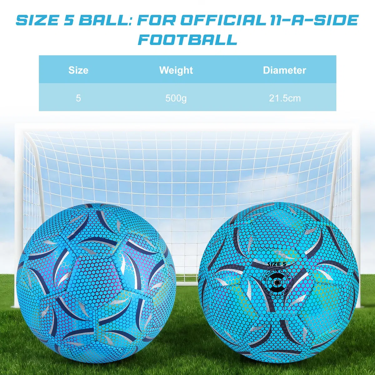 Ballon de Football en Fluorescence, Taille 5 Ballon de Football Lumineux avec Pompe et Sac de Rangement pour Jeux Nocturnes Entraînement, Jeunes et Adulte Ballon de Match de Football(Bleu)