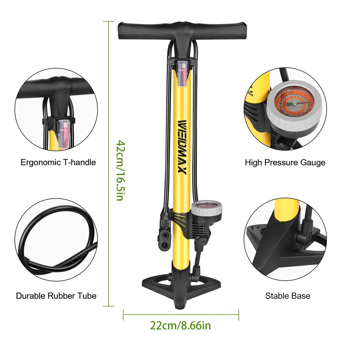 Pompe à vélo WEIDMAX, Pompe à Pied de vélo Ergonomique, gonfleur de Pneu de vélo, Pompe Portable avec manomètre Intelli et tête de Valve