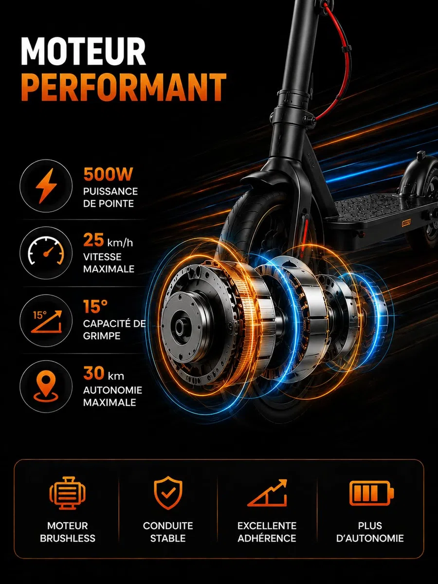 Trottinette Électrique Ado & Adulte – 500W, 4Ah-7.5AH, Autonomie 12-30km, Pneus 8.5" Gonflables, Double Freinage, Pliable - Siège (en Option)