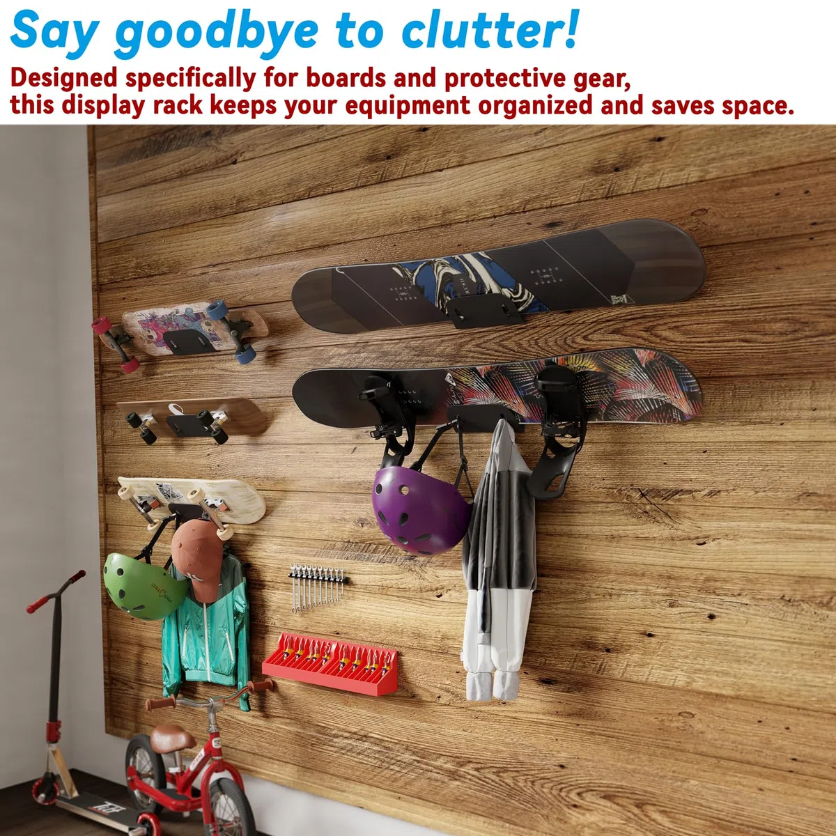 sciuU Support Mural Métal pour Skateboards Snowboards Longboards Skis Trottinettes - Étagère en Acier avec Crochets pour Casques et Équipement, pour Garage, Couloir et Maison