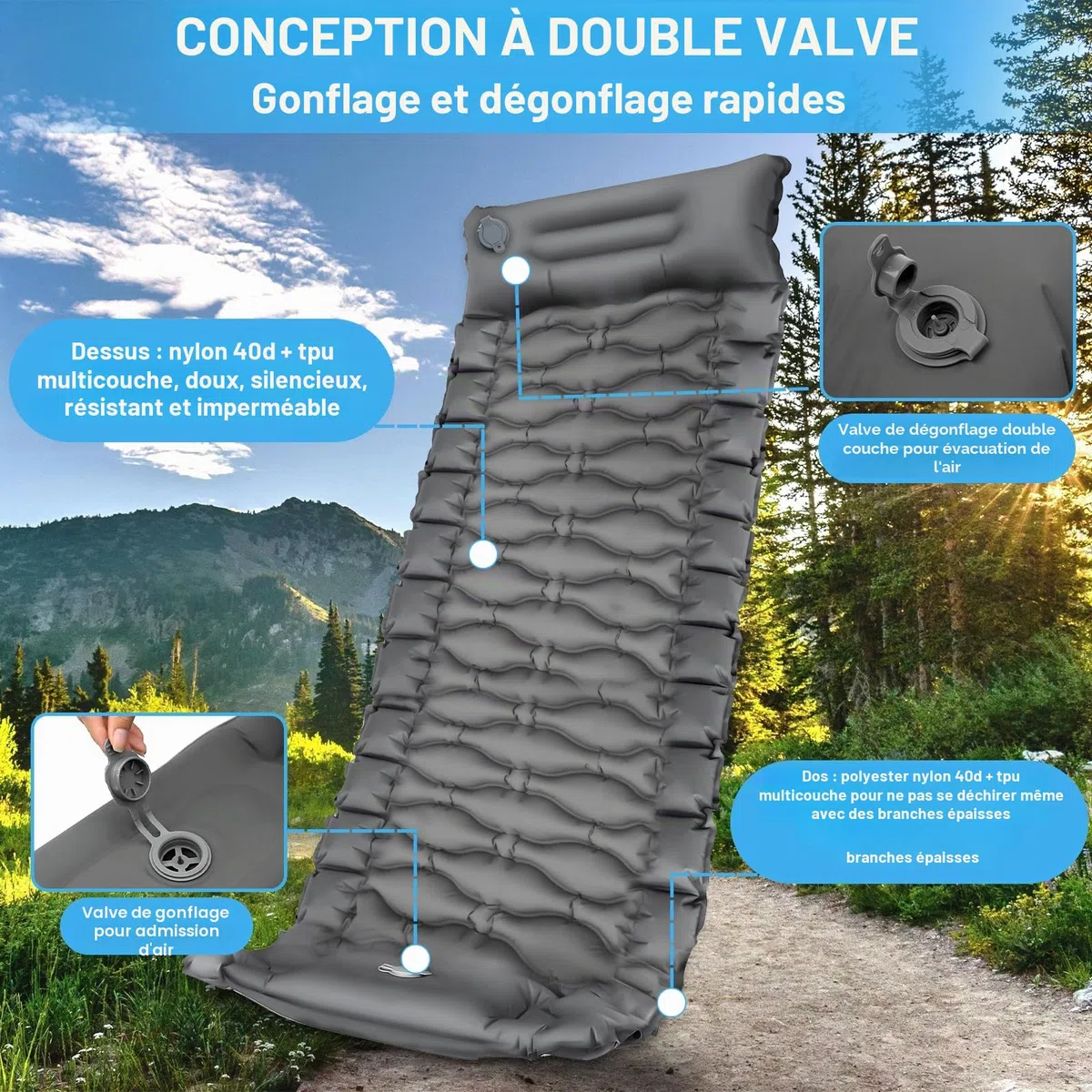 Matelas Campings Autogonflant, Matelas Camping Autogonflant Pliable avec Pompe à Pied, Matelas Gonflable Résistant à l'eau, Portable Tapis de Matelas pour Camping, Voyage, Plage, Tente
